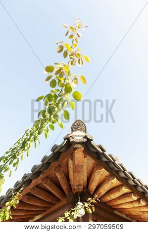 Architectural Details Of Wooden Eaves And Ceramic Tile Roof Ends Of A Tradition House At Korean Anci