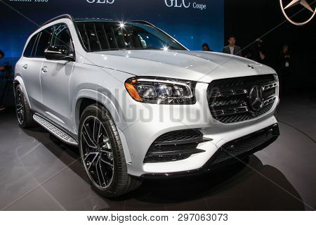 NEW YORK, NY, USA - APRIL 17, 2019: Mercedes-Benz GLS 580at the New York International Auto Show 2019, at the Jacob Javits Center. This was Press Preview Day One of NYIAS