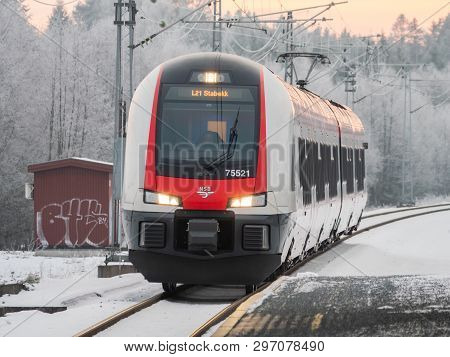 Oslo, Norway - December 24, 2018: Stadler Flirt Regional Trains Operated By Norwegian State Railways