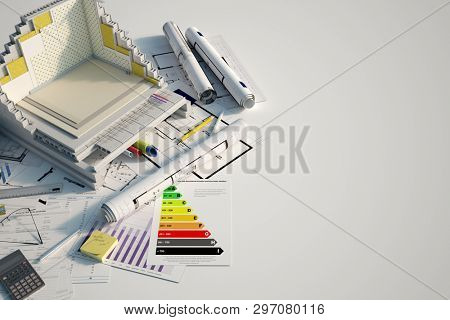 3D renderin of a building cross section showing insulation layers and building details on top of blueprints and a energy efficiency chart