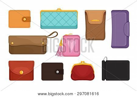 Flat Vectoe Set Of Stylish Wallets. Pocket-sized Holder For Money And Plastic Cards. Small Women Bag