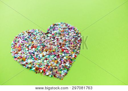 Valentine Hearts On Ufo Green Background. Valentine's Day Concept.