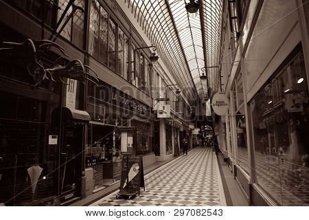 PARIS, FRANCE - MAY 13: Passage Jouffroy street view on May 13, 2015 in Paris. With the population of 2M, Paris is the capital and most-populous city of France