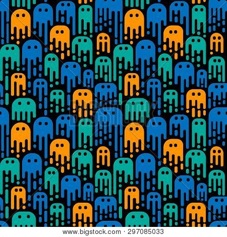 Cute Cartoon Ghosts On A Black Background. Vector Seamless Pattern. Use In The Design Of Halloween O