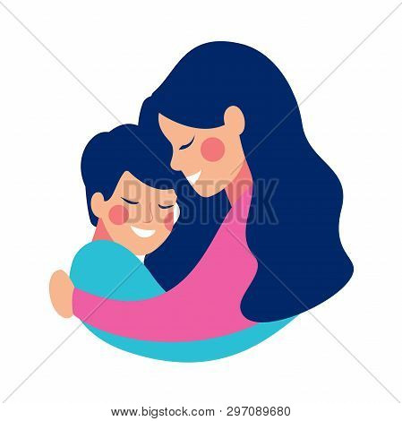 Side View Of Smilling Young Mother Embracing Her Son With Love. Vector Illustration Isolated From Wh