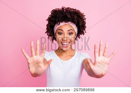 Close Up Photo Beautiful Amazing She Her Dark Skin Lady Hold Hands Arms Excited Funky Mood Ten Finge