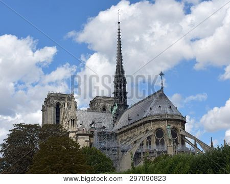 Paris, France, 10 Aug 2018. Notre Dame Spire (La Fleche) and lead clad wooden roofs before the fire.