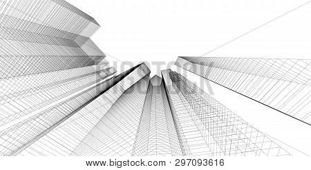 3d Illustration Architecture Building Perspective Lines, Modern Urban Architecture Abstract Backgrou