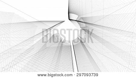 Abstract Architectral Drawing Sketch, Illustration 3d Wireframe