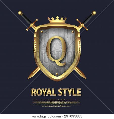 Letter Q And Two Crossed Swords And Shield With Crown. Letter Design In Gold Color For Uses As Heral
