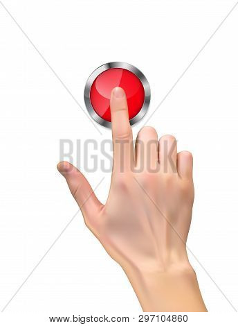 Realistic 3d Silhouette Of  Hand With Inger Pressing A Red Stop  Button On White Background.  Illust