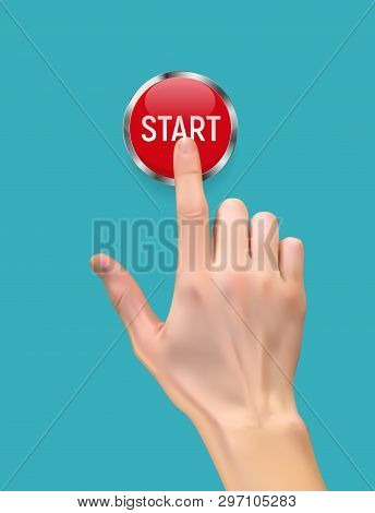 Realistic 3d Silhouette Of  Hand With Inger Pressing A Red Stop  Button On White Background.  Illust