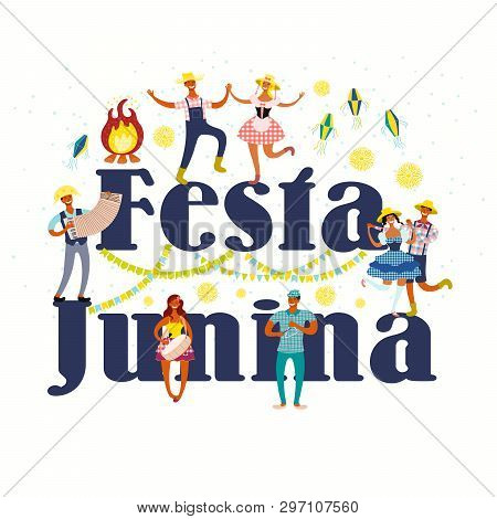 Festa Junina Poster With Dancing People, Musicians, Lanterns, Bunting, Fireworks, Bonfire, Portugues