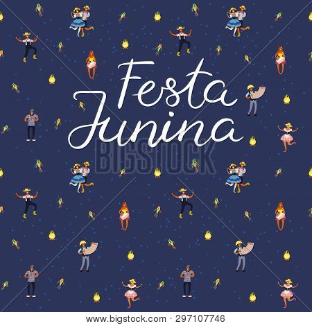 Festa Junina Poster With Dancing People, Musicians, Lanterns, Bonfire, Portuguese Text. Hand Drawn V