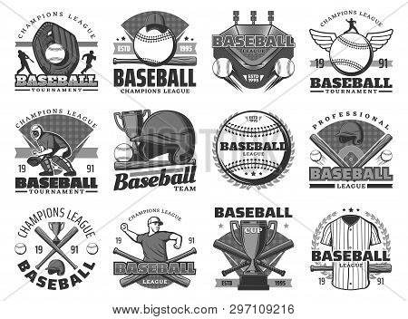 Baseball Sport, Team Club Badges Or League Tournament Icons. Vector Baseball Or Softball Game Champi
