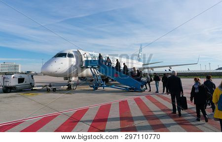 Paris, France - April 5, 2019: Plane Embraer Erj-195lr 4o-aoa Of Montenegro Airlines At Charles De G