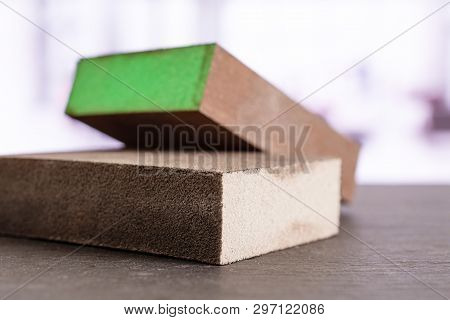 Group Of Two Whole Work Item Green And Grey Abrasive Block Sponges In The Office