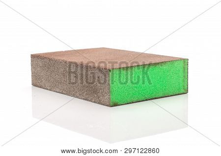 One Whole Green Abrasive Block Sponge Work Item Isolated On White Background