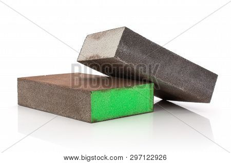 Group Of Two Whole Grey And Green Abrasive Block Sponges Work Item Isolated On White Background