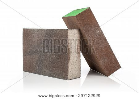 Group Of Two Whole Grey And Green Abrasive Sponges Work Item Isolated On White Background