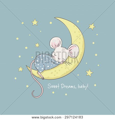 Little Mouse On The Moon. Cartoon Vector Illustration For Kids. Use For Print Design, Surface Design