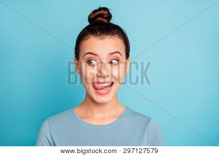 Close Up Photo Beautiful Amazing She Her Lady Look Side Empty Space Licking Tongue Upper Lip Crazy S