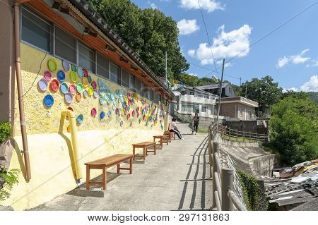 Jeonju, South Korea - September 2018: Colourful Paintings And Decorations On Walls And Buildings At