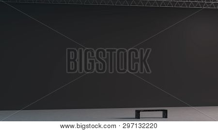 Blank Black Huge Gallery Wall With Bench In Museum Mockup, 3d Rendering. Empty Giant Canvas In Hall 