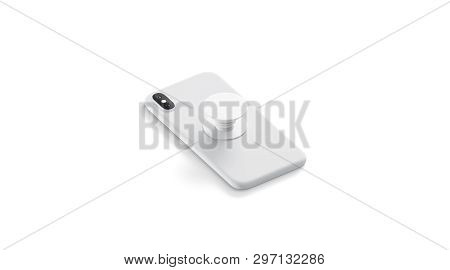 Blank White Phone Pop Socket Sticked On Mobile Mock Up, Lying Isolated, Side View, 3d Rendering. Emp