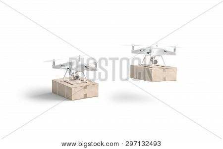 Blank White Quadrocopter With Box Mock Up, Stand And Flies Isolated, Side View, 3d Rendering. Empty 
