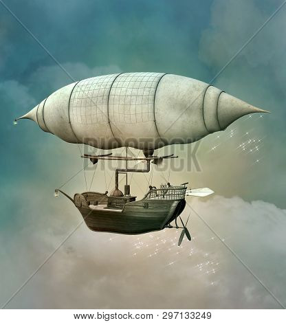 Fantasy Steam Punk Airship Flying In A Cloudy Sky - 3d Illustration