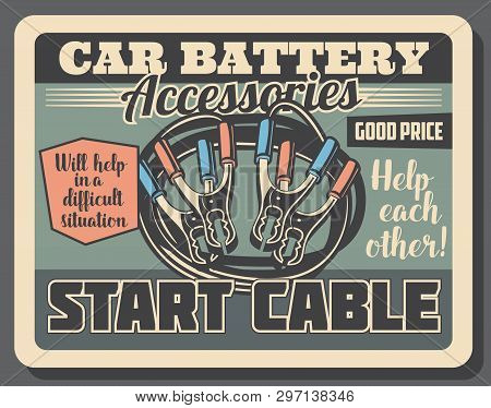Car Engine Start Cables, Auto Service Center Vintage Poster. Vector Vehicle Ignition Jumper Cables, 