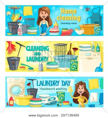 Home Cleaning And Laundry Washing Service Banners. Vector Professional Housekeeping, Floor And Windo