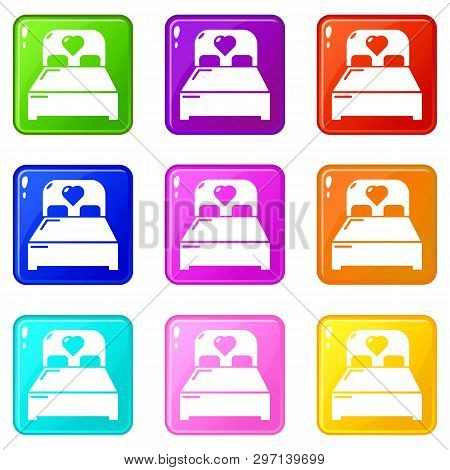 Wedding Couple Bed Icons Set 9 Color Collection Isolated On White For Any Design