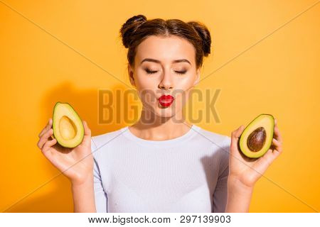 Close Up Photo Beautiful She Her Lady Pretty Hairdo Send Air Kisses Romantic Hold Two Half Slices Av