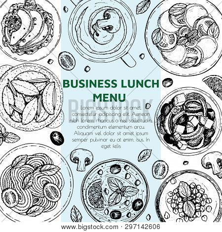 Banner Of Lunch And Dinner Ingredients Top View. Food Elements Collection. Hand Drawn Vector Illustr