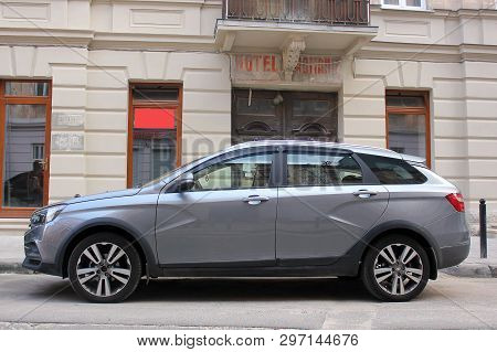 Lviv, Ukraine - August 37, 2018: Lada Vesta On The Background Of An Old Building