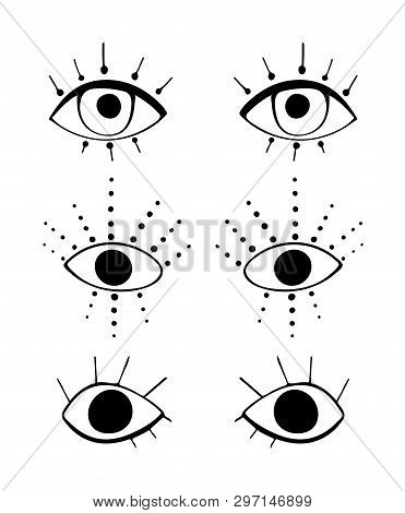 Set Of Cute Cartoon Eyes In Abstract Style. Black Graphic Drawnig Of Eyeballs With Eyelashes On Whit