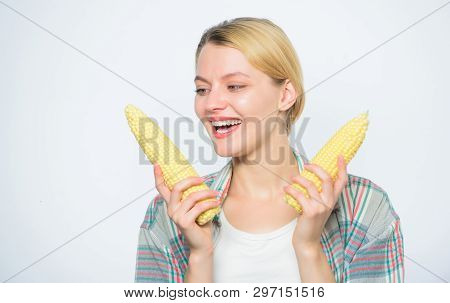 Maize Production. Farming, Farmer Girl With Maize. Happy Woman Eating Corn. Vegetable Harvest. Healt