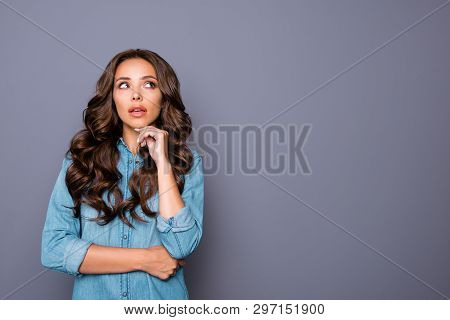 Portrait Of Her She Nice Lovely Attractive Winsome Sweet Fascinating Wavy-haired Lady Touching Chin 