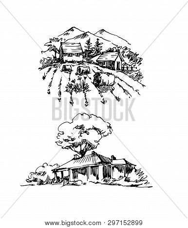 Rural Sketch Andscape. Vector Illustration. Ink Hand Drawing Landscape.