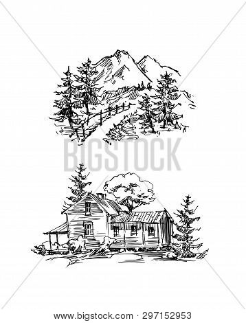 Rural Sketch Andscape. Vector Illustration. Ink Hand Drawing Landscape.