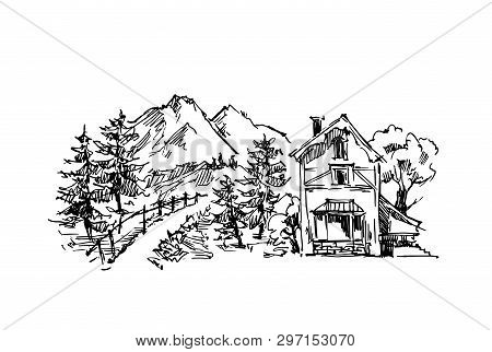 Rural Sketch Andscape. Vector Illustration. Ink Hand Drawing Landscape.