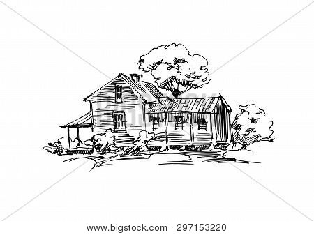 Rural Sketch Andscape. Vector Illustration. Ink Hand Drawing Landscape.