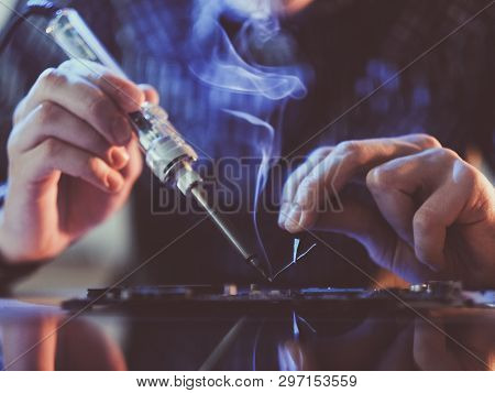 Soldering Courses. Microelectronics Engineering And Technology Concept. Technician Or Student Repair