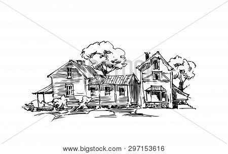 Rural Sketch Andscape. Vector Illustration. Ink Hand Drawing Landscape.
