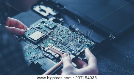 Computer Hardware Development. Microelectronics Technology Science Concept. Engineer Holding Modern 