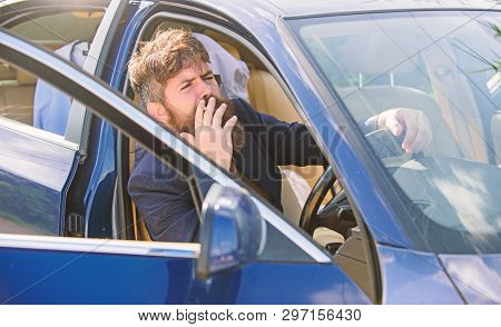 Smoking Bans In Private Vehicles. Man Bearded Businessman Smoking Cigarette While Sit In Car. Driver