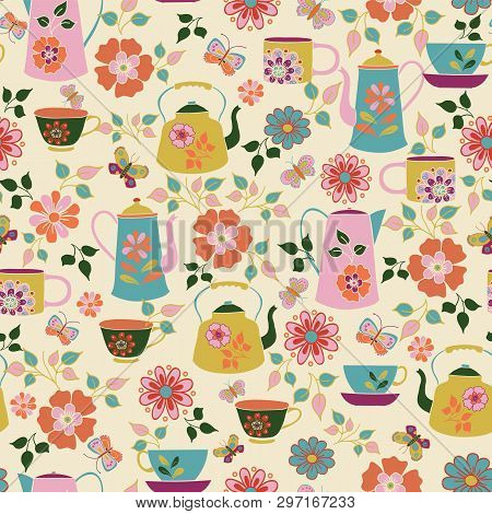 Vector Seamless Pattern With Tea Cups, Teapots, Flowers And Butterflies On A Cream Background. Folk 