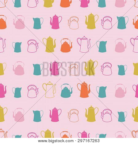 Vector Seamless Pattern With Teapots In Rows,on A Pink Background. Folk Art Style.